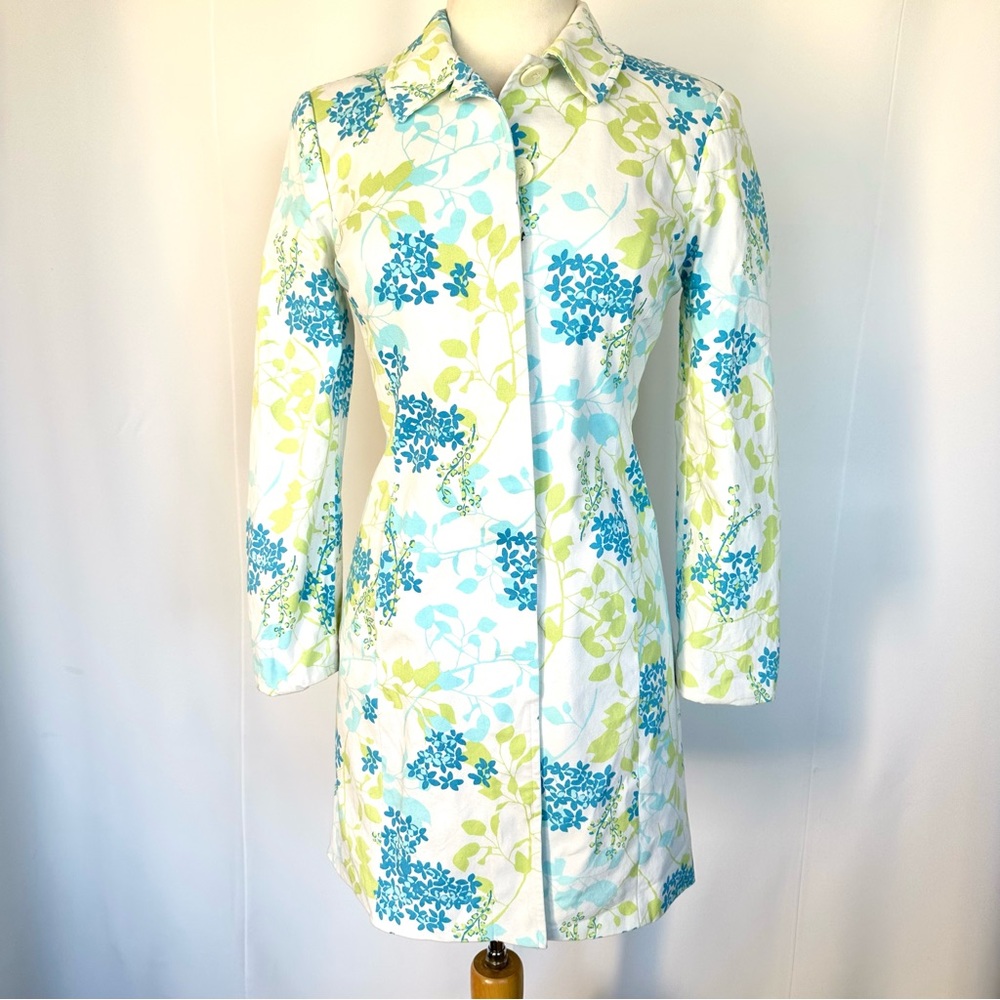 NORDSTROM FLORAL WHITE GREEN BLUE LIGHTWEIGHT KNEE LENGTH TRENCH COAT JACKET Sz6